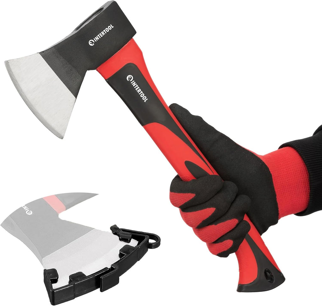 INTERTOOL Hatchet for Chopping Wood and kindling - Small Hand Axe for Camping Firewood - 15” Survival Ax - with Shock-Absorbing Fiberglass Anti-Slip Handle HT-0261