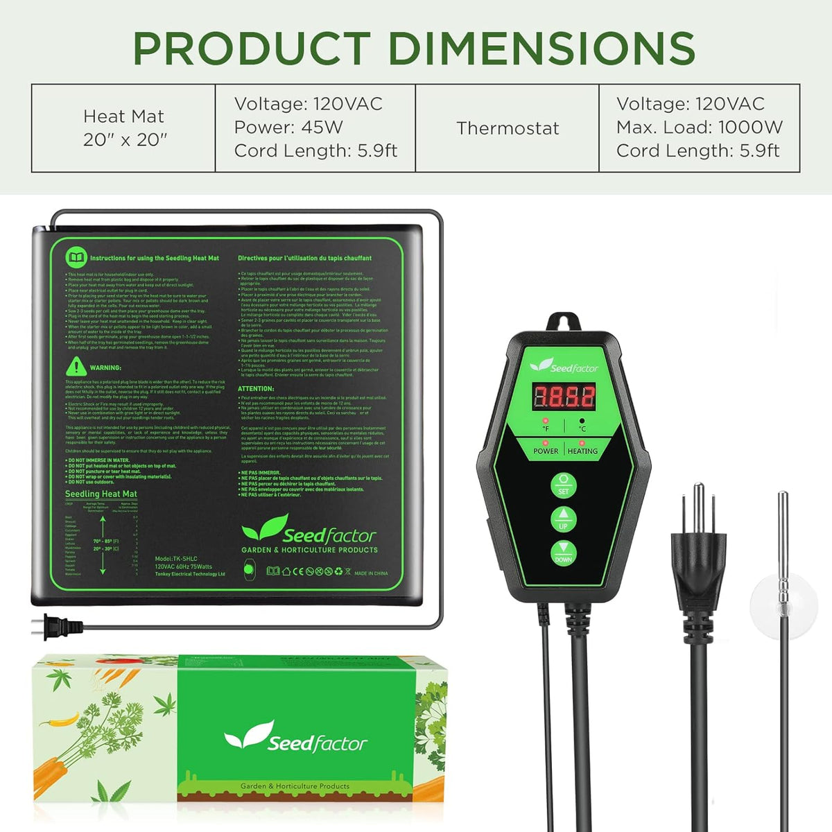Seedfactor 20" x 20" MET Certified Seedling Heat Mat and Digital Thermostat Combo Set