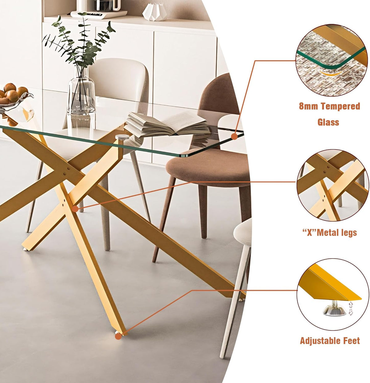 60" Modern Gold Glass Dining Room Table Set for 6, 7-Piece Rectangle Kitchen Dining Table Set with Cross Chrome Metal Legs & 6 Beige Velvet Upholstered Chairs, Kitchen Table and Chairs Set