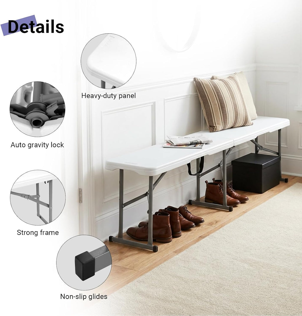 Folding Bench 6ft,Portable Plastic Bench Seat with Handle,White,2 Pack | Heavy Duty HDPE,Powder-Coated Steel Legs,Strong Weight Support,Indoor Outdoor for Parties,Gatherings,Dining,Camping,Events