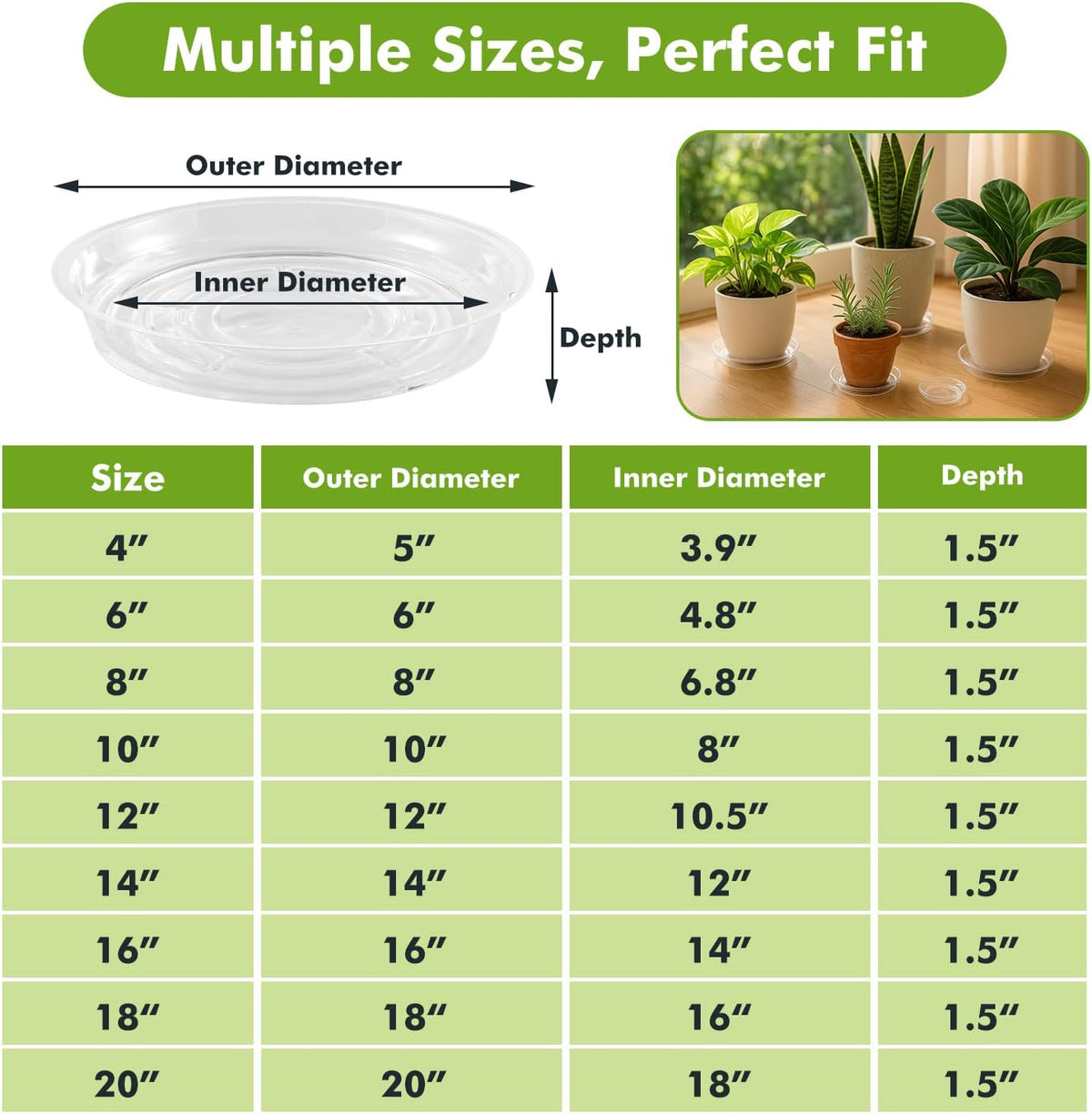 100 Packs 6 Inches Clear Plant Saucers for Indoor Outdoor Use Heavy Duty Plastic Plant Trays for Planter Bulk Flower Pot Drip Trays to Catch Water, 4 to 20 Inch