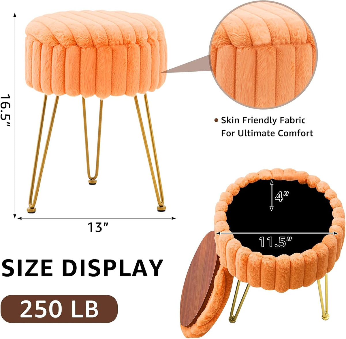 Wimarsbon Vanity Stool with Storage, Faux Fur Ottoman Chair with Metal Legs, Round Makeup Vanity Chair for Bedroom or Dressing Table, Modern Small Ottoman Seat (Orange)
