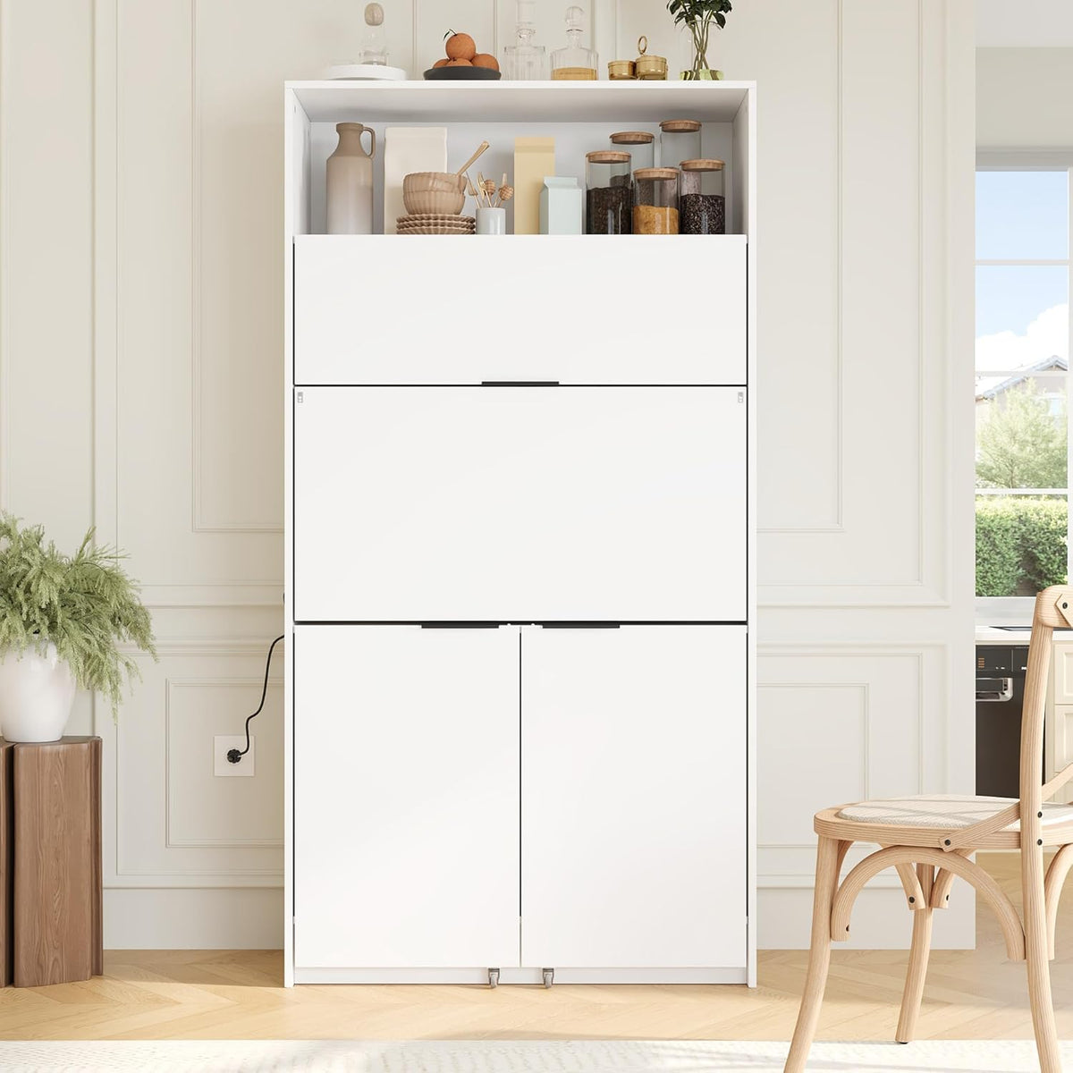 Pantry Cabinet with Hutch and Foldable Workstation, Multifunctional Wood Cupboard with Adjustable Shelf and Power Outlet for Dining, Living Room (White)