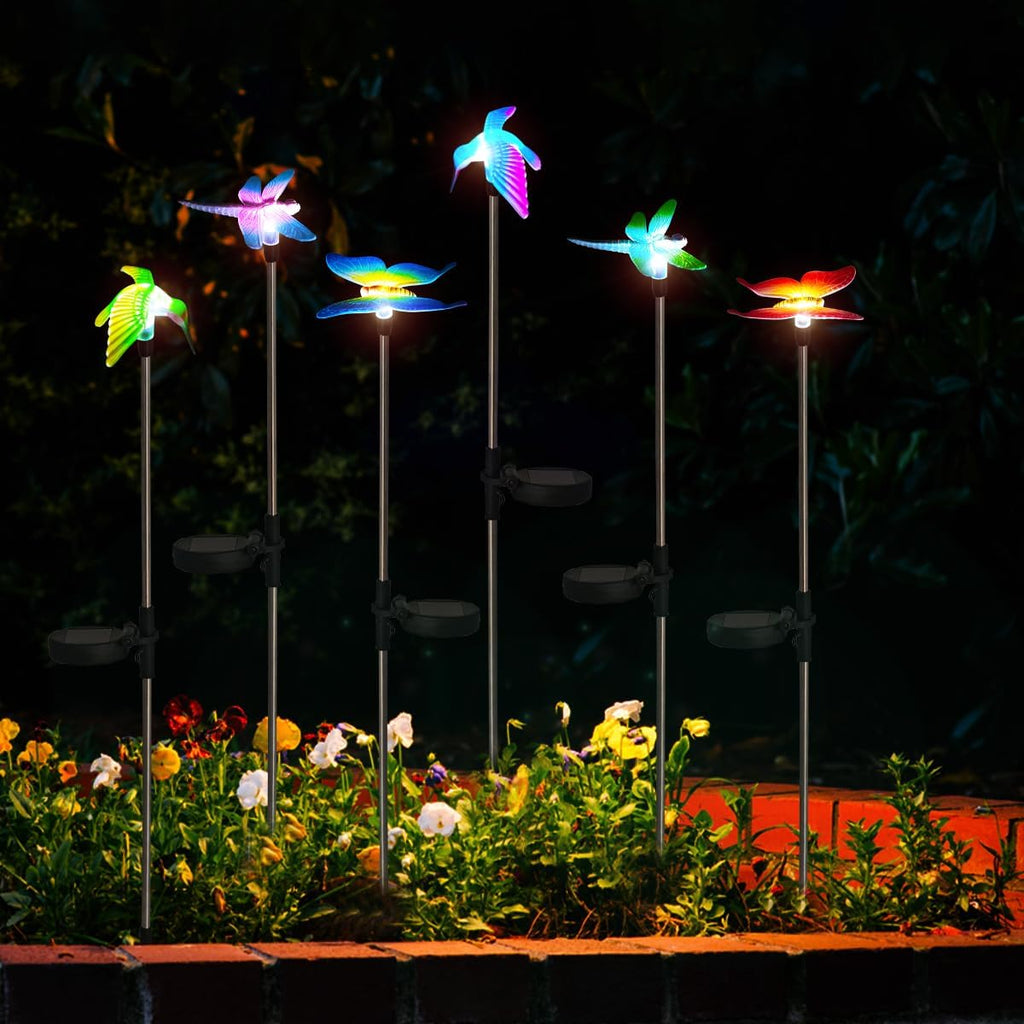 EiGreen 6 Pack Solar Garden Stake Lights Outdoor, Yard Figurine Stake Light, Flower Hummingbird Dragonfly Butterfly for Patio Yard Pathway Decoration (Garden)