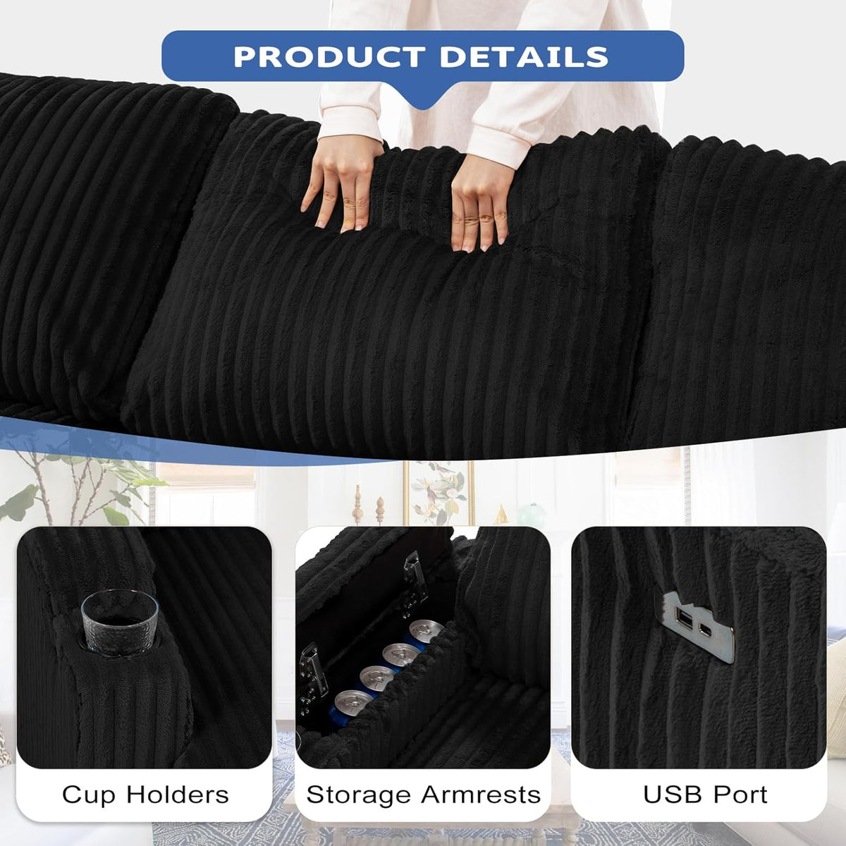 110” Corduroy Sectional Sofa w/Pull Out Bed & Storage Chaise, Reversible U Shaped Sofa w/Storage Armrests & Cup Holders, Corner Couch w/USB Charging Port & Throw Pillow for Living Room, Black