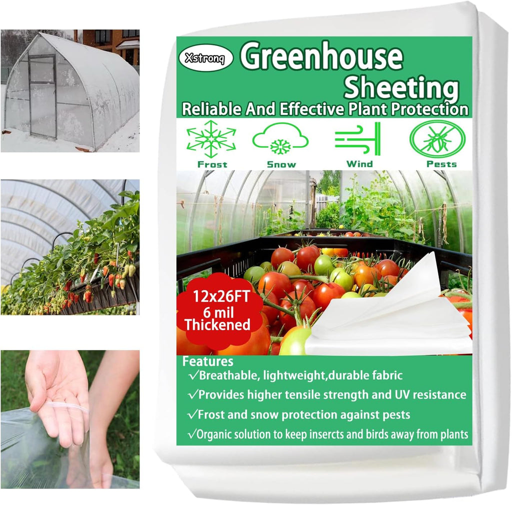 12FTx26FT Greenhouse Plastic Sheeting, 6 Mil Thick Clear Polyethylene Film, Waterproof Wind Frost Dust UV Resistant Green House Plastic Covering for Outdoor Plant, Garden, (12ft x 26ft)