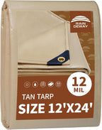RAINDEWAY 12x24 Feet Heavy Duty Tarp,12 Mil Tan Waterproof Poly Tarp Cover,UV Resistant,Weatherproof,Durable,Multipurpose Tarps with Grommets and Reinforced Edges