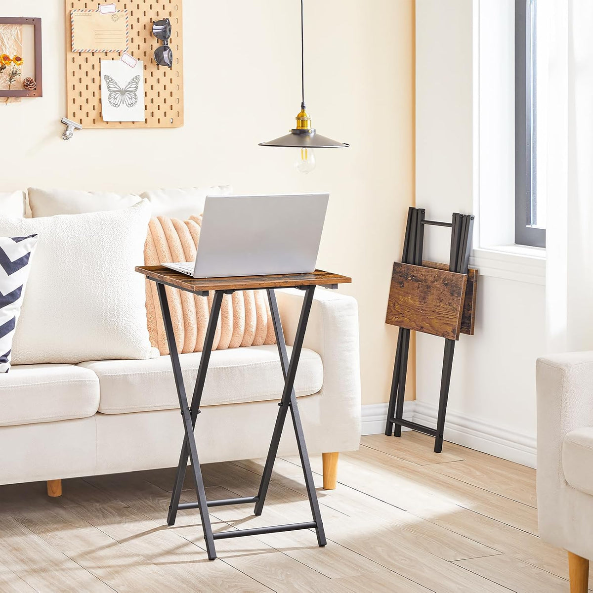 HOOBRO Folding TV Tray Table, Wooden TV Tray, Portable Sofa Side Table, Industrial Snack Table End Table for Small Spaces, Space-Saving, Easy to Install and Fold, Rustic Brown and Black BF27BZ01