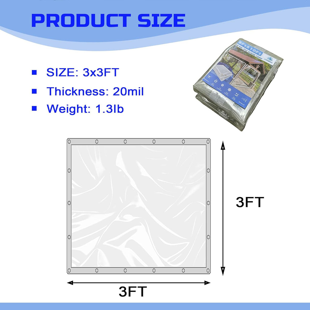 Clear Tarp 3 x 3FT, 20 Mil Clear Vinyl Tarp, Small Cover Plastic Sheeting with Grommets, Double-Stitched Reinforced Edges, Heavy Duty Tarps Waterproof and Tearproof