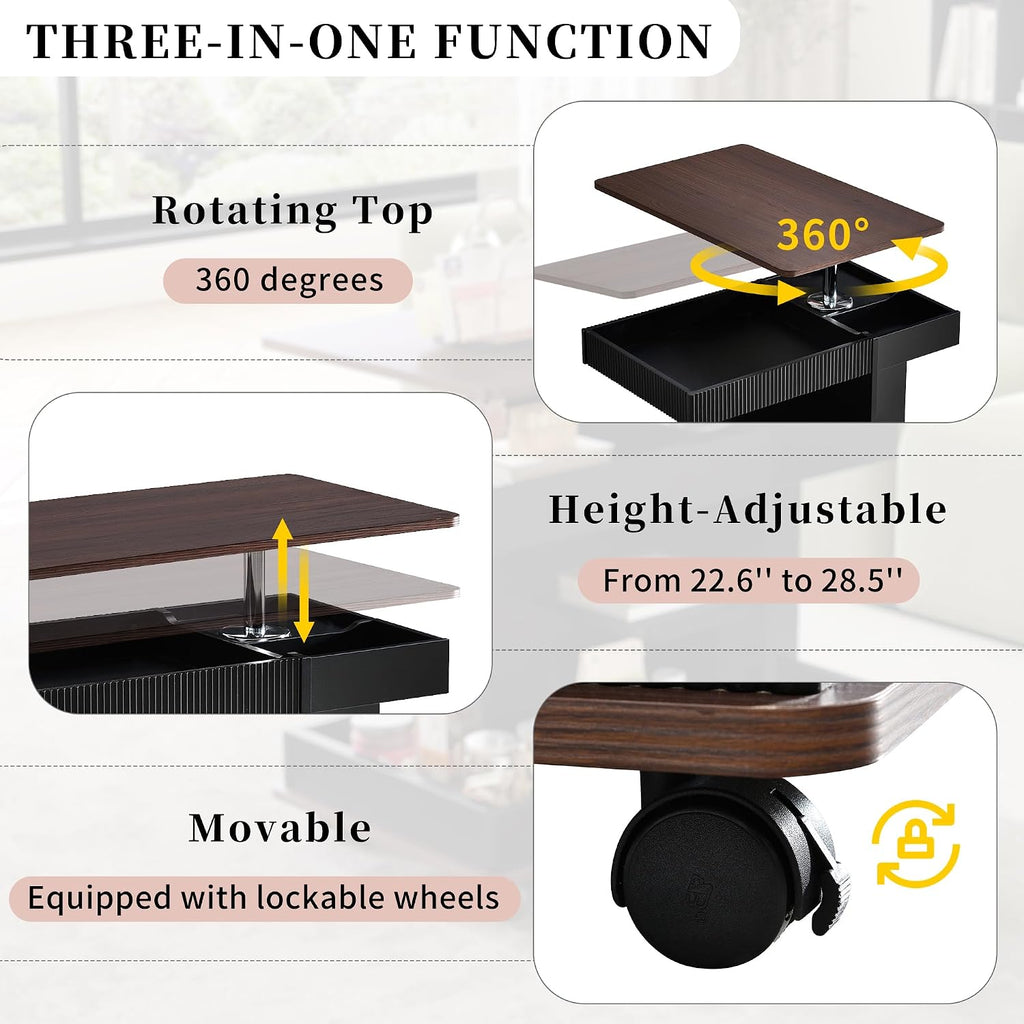 Adjustable Side Table with Wheels, 360° Rotating Lift-Top & Storage, Modern Bedside/Sofa Rolling Table for Small Spaces, Living Room Use, Black