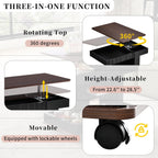 Adjustable Side Table with Wheels, 360° Rotating Lift-Top & Storage, Modern Bedside/Sofa Rolling Table for Small Spaces, Living Room Use, Black