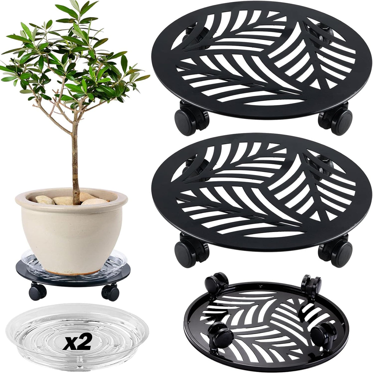2 Packs Large Metal Plant Caddy with PU Wheels 13.6" Heavy-duty Wrought Iron Rolling Plant Stands Indoor Outdoor Wheeled Plant Dolly Planter Mover Rollers Plant, Leaf Style