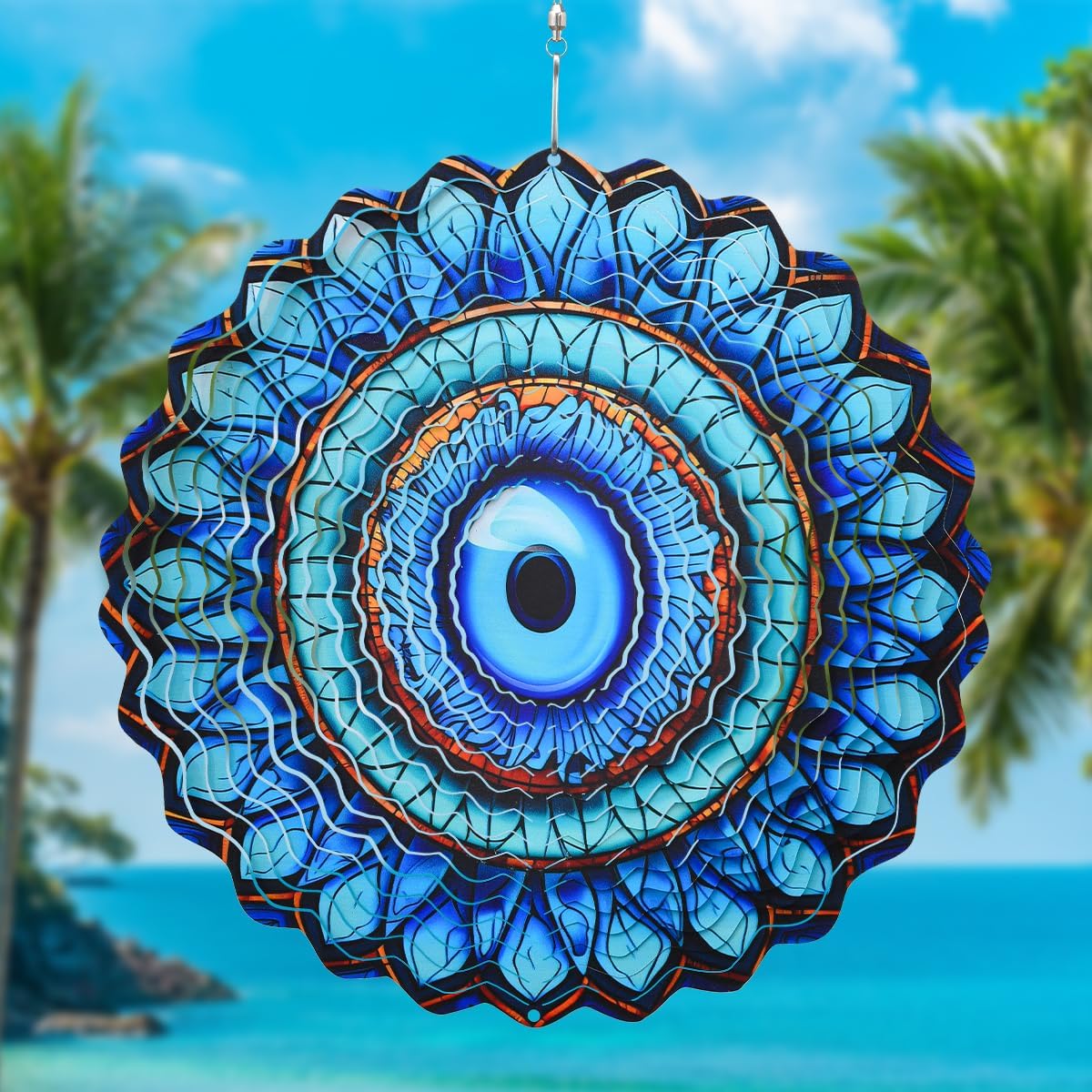 3D Wind Spinner Mandala 10 Inch Evil Eye Stainless Steel Wind Sculpture Blue Hanging Ornament Laser Cut Metal Art for Indoor Outdoor Garden Decoration Protective Amulet for Home and Yard