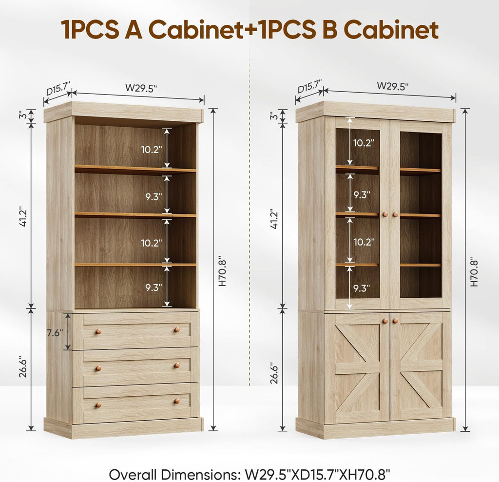 71" Tall Farmhouse Kitchen Pantry Cabinet, Brown Wood Hutch with Glass Doors, 3 Drawers & Adjustable Shelves, Large Storage Cabinet for Dining Room & Living Room, Set of 3