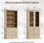 71" Tall Farmhouse Kitchen Pantry Cabinet, Brown Wood Hutch with Glass Doors, 3 Drawers & Adjustable Shelves, Large Storage Cabinet for Dining Room & Living Room, Set of 3