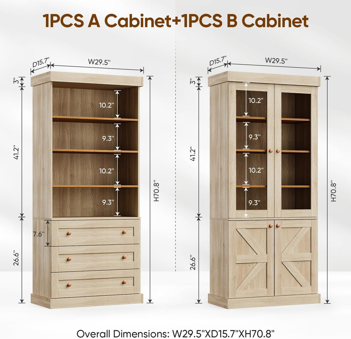 71" Tall Farmhouse Kitchen Pantry Cabinet, Brown Wood Hutch with Glass Doors, 3 Drawers & Adjustable Shelves, Large Storage Cabinet for Dining Room & Living Room, Set of 3
