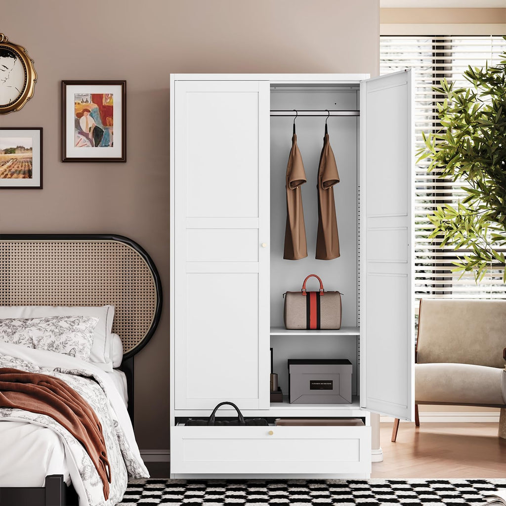 Letaya Wardrobe Closet,72" H Clothing Metal Storage Cabinet with Storage Drawer Adjustable Shelves and Hanging Rod,Bedroom Armoire Cabinet Clothes Organizer (White)