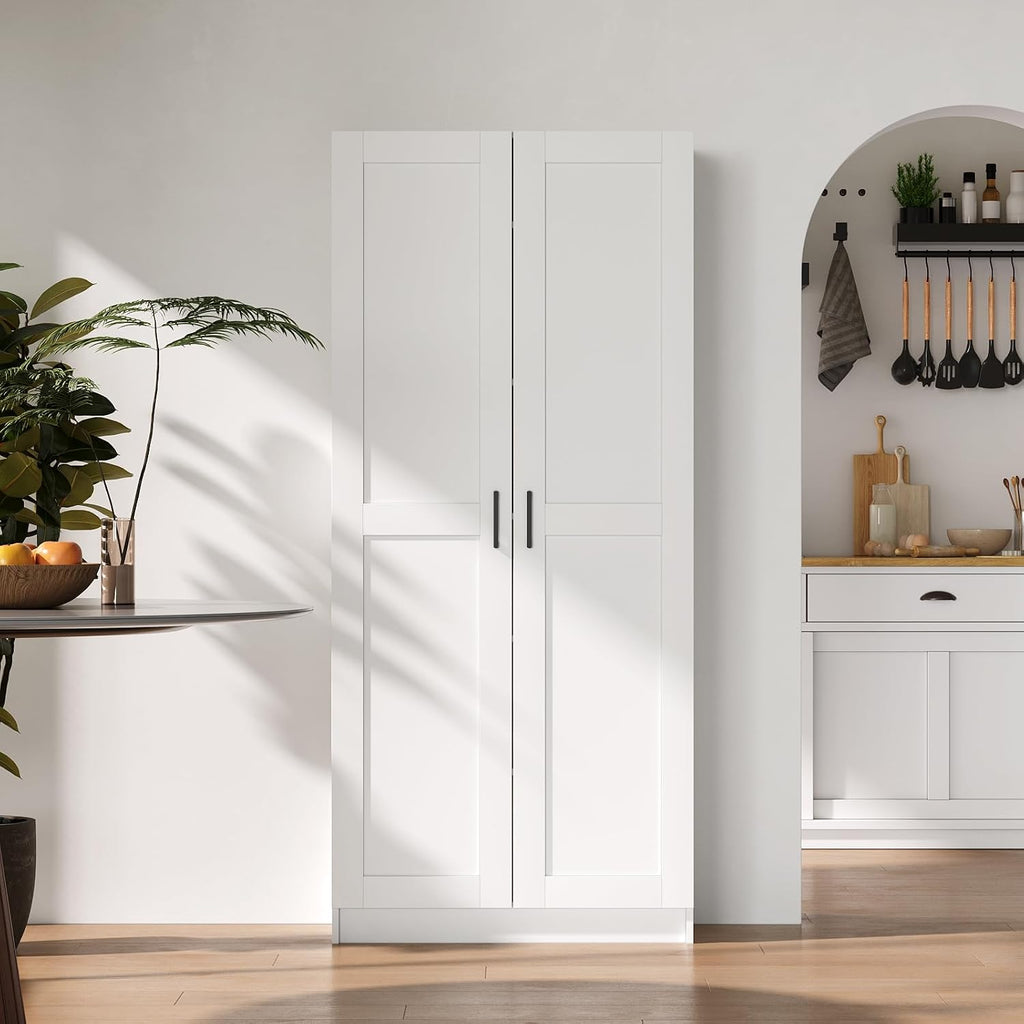 White Tall Kitchen Pantry Cabinet Organizers and Storage with Doors and Adjustable Shelves，Wood Large Gabinetes Para Cocina Office Bookshelf for Laundry Room Cabinets (31.5”W*15.7”D*71”H)