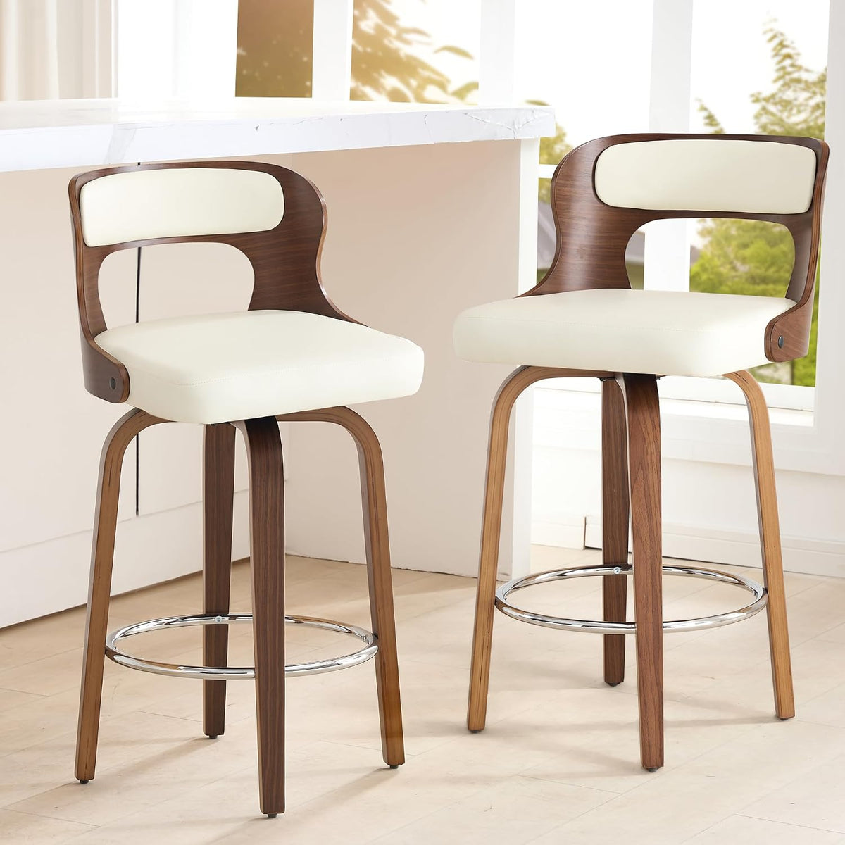 ClinQ 26" Counter Height Barstool Set of 2，Bentwood Leg and Back，White | 360° Swivel Barstool | Faux Leather Upholstered Seating | Ergonomic Backrest | Mid Century Style | Kitchen & Restaurant Use