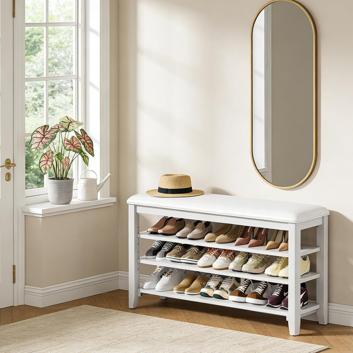 Shoe Rack Bench Entryway Storage with Leather Cushion, Shoe Organizer Bench for Entryway, Ideal for Front Doors Entrances Hallway Mudroom Featuring Rubberwood And 3 Height-Adjustable Removable Shelve