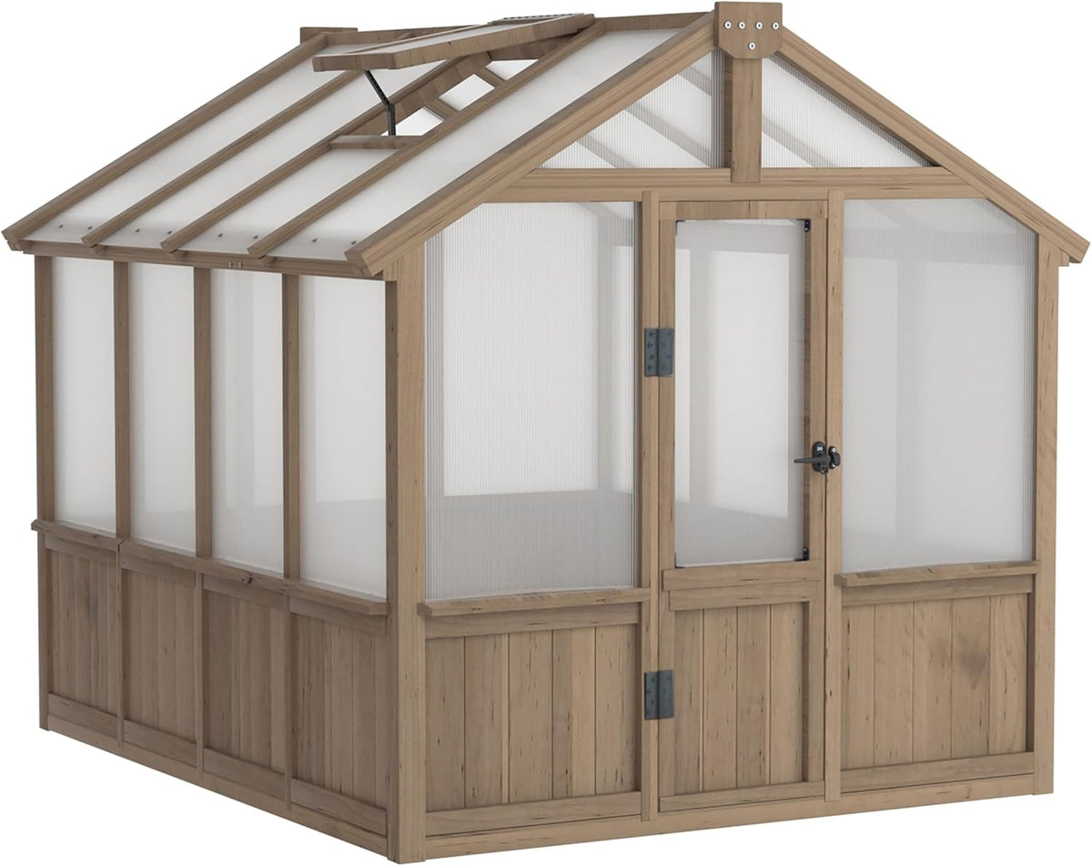 6x8 FT Greenhouse Kit for Outdoor, 6MM Thick Polycarbonate Panel Wooden Walk-in Green House with Lockable Door and Adjustable Roof Vent, Backyard Garden, Light Mocha Brown