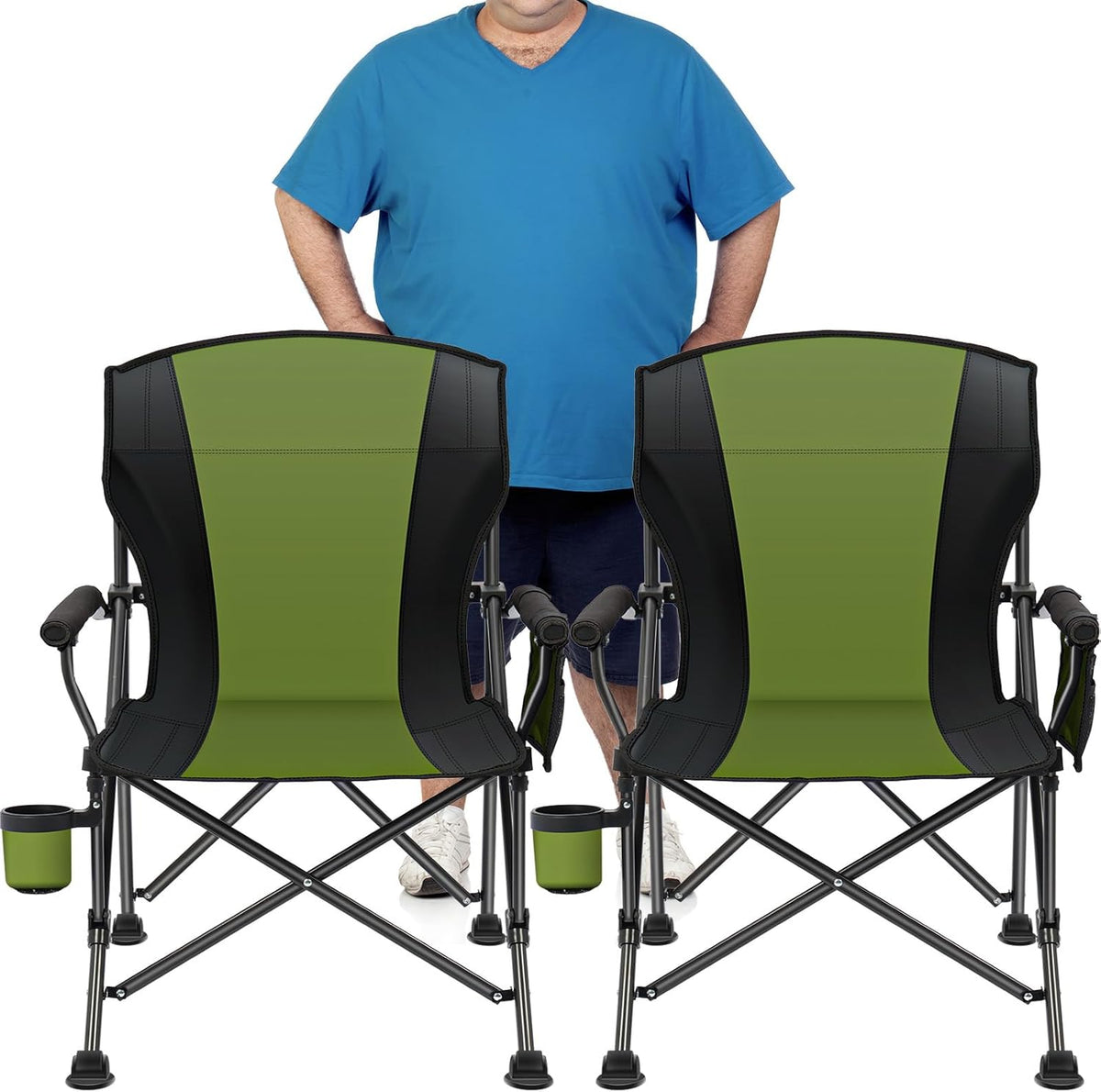 2 Pack Oversized Folding Camping Chair for Adults, Supports 450 LBS Camping Chairs, Heavy Duty Camping Chair with Side Pockets, Foldable Outdoor Chair for Camping, Beach, Fishing, Hiking, Green-Black