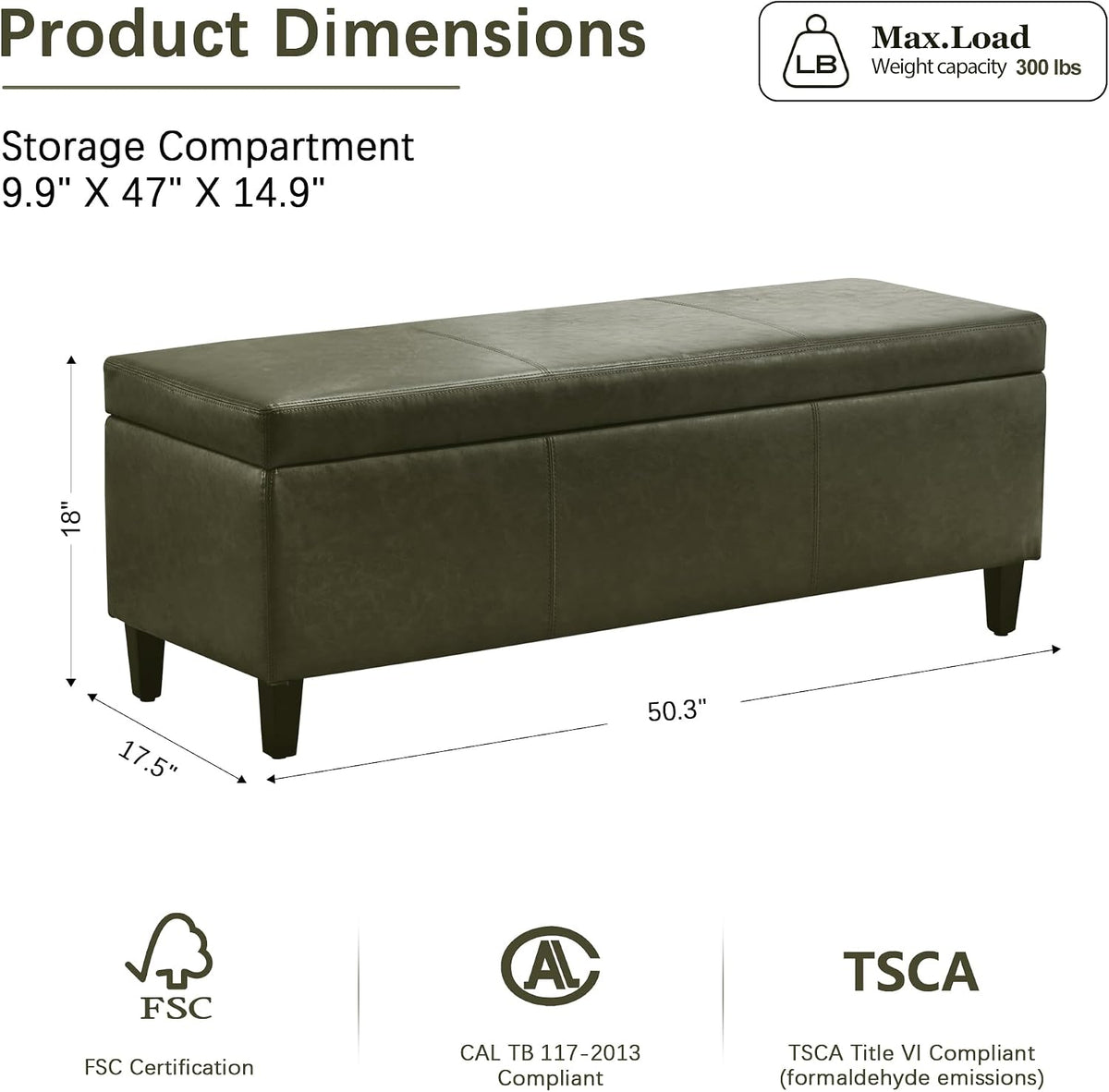 HUIMO Faux Leather Storage Ottoman Bench 50.3 Inch Extra Long PU Upholstered Bedroom Bench with Large Storage Space for The Living Room, Entryway, Bedroom Hold Up to 300lbs (Green)