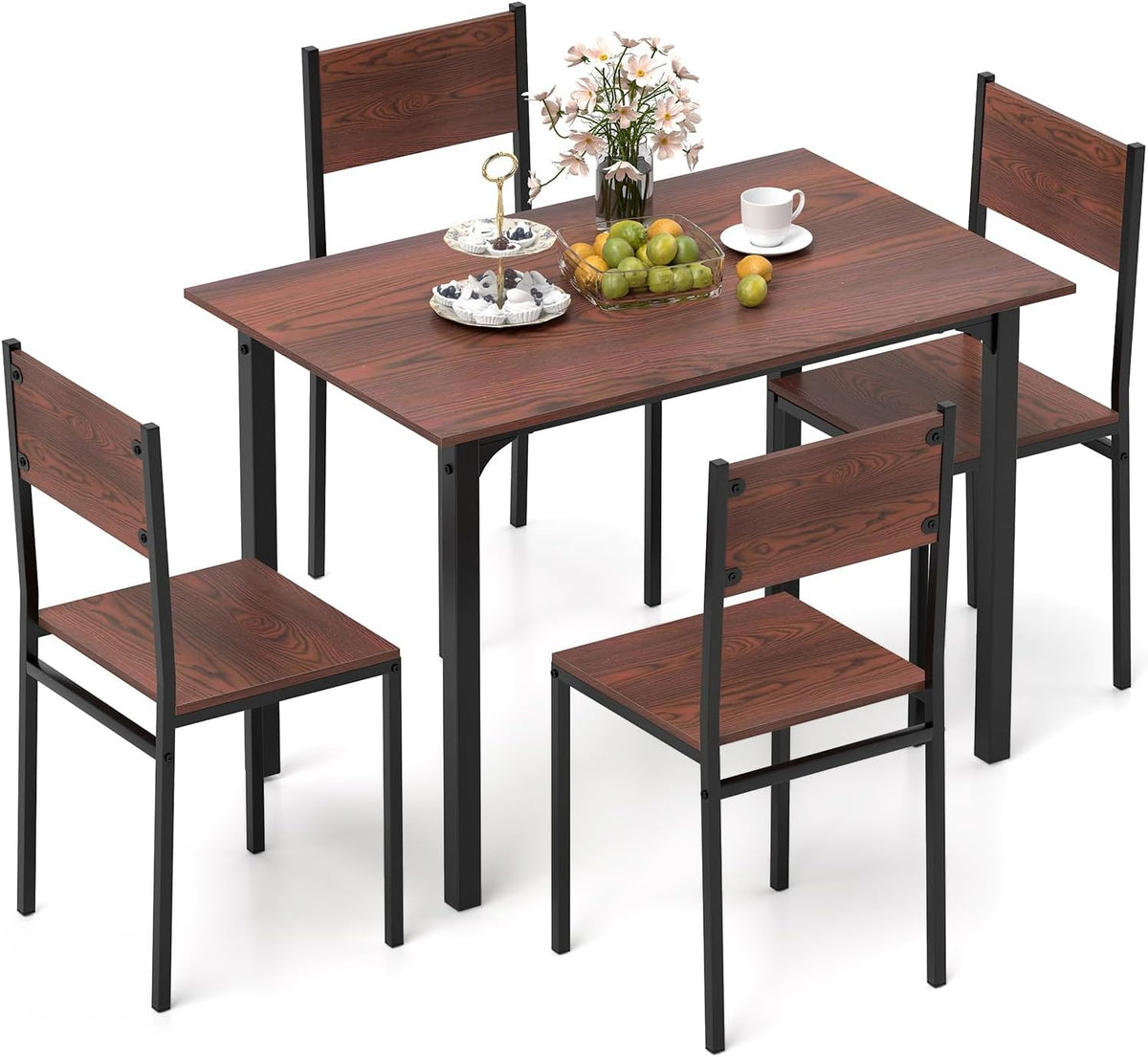 GOFLAME 5-Piece Dining Table Set, Industrial Kitchen Table and Chairs for 4 with Backrest and Metal Frame, Rectangular Space-Saving Dinette Set for Dining Room, Apartment, Small Space, Walnut