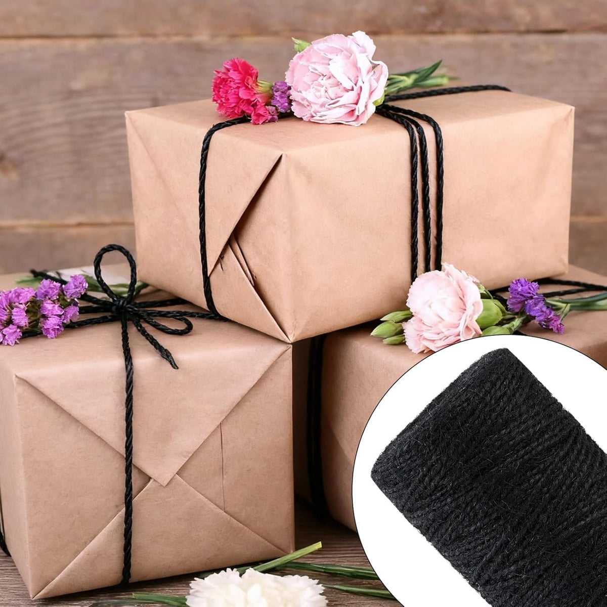 2mm 328 Feet Black Natural Jute Twine, for Crafts Gift, Craft Projects, Wrapping, Bundling, Packing, Holiday Packaging Twine, Gardening and More, Jute Rope to Use Around The House and Garden