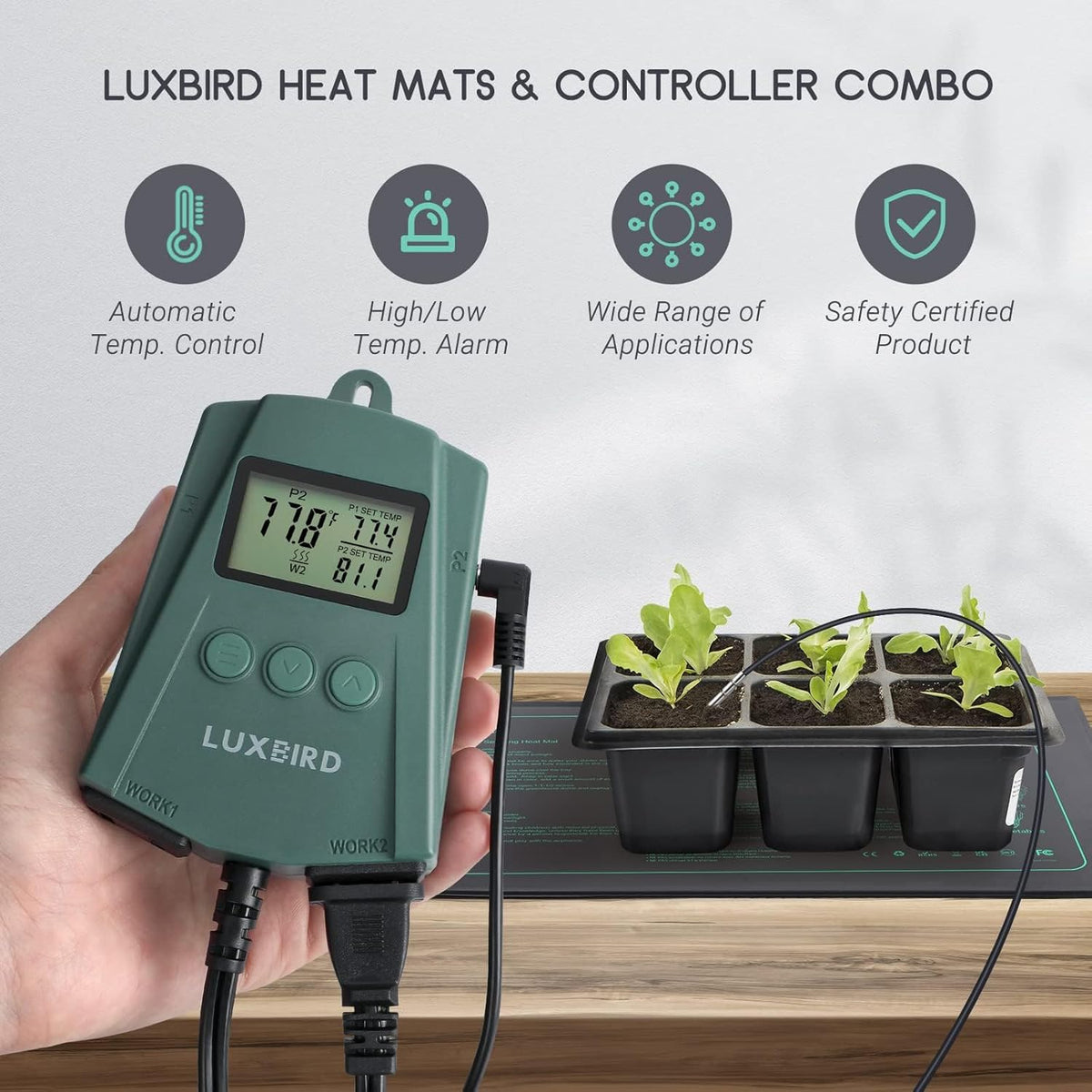 LUXBIRD 2 Pack 10"x 20.75" Seedling Heat Mat and Digital Thermostat Controller Combo Set (120v US Plug)