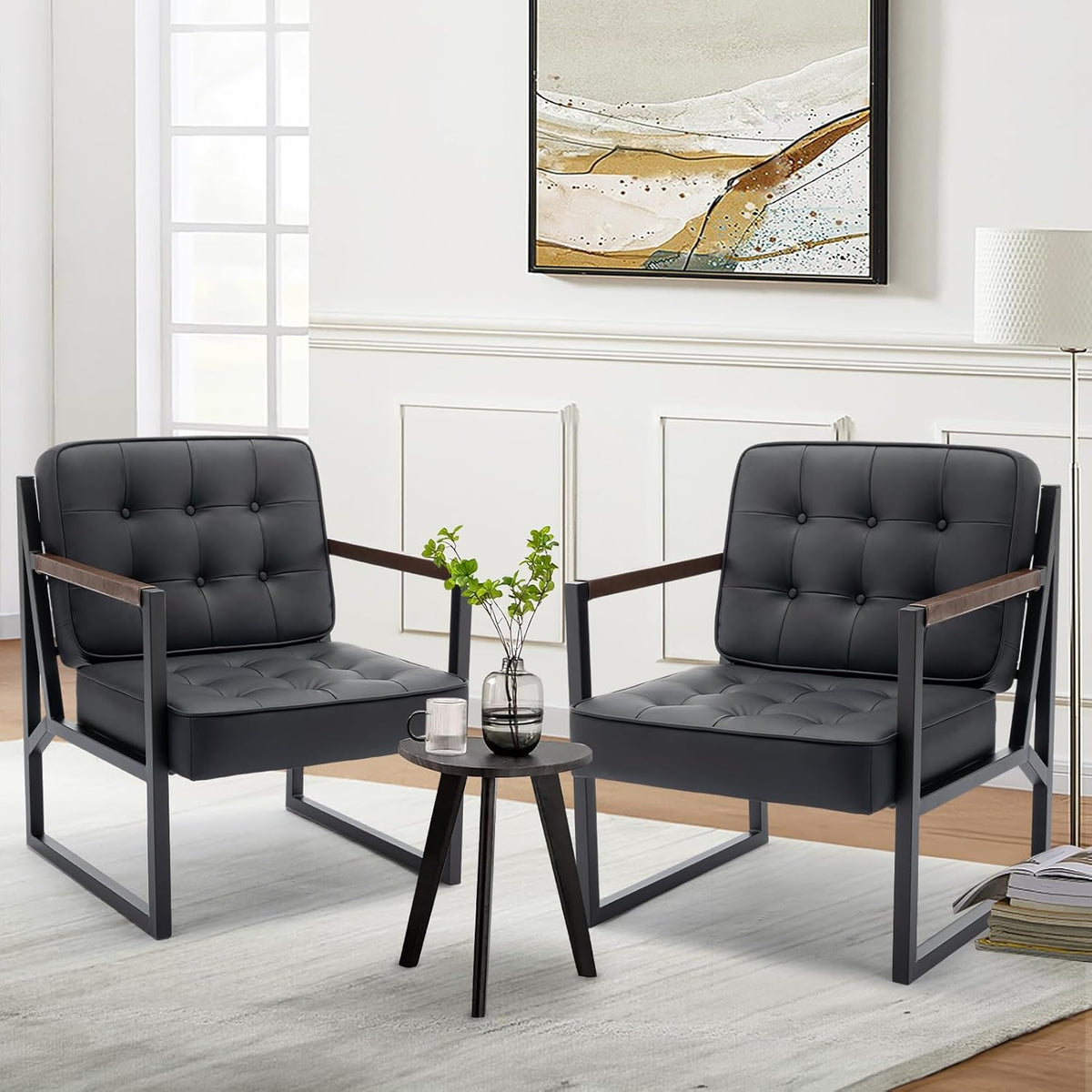 MALOL Mid Century Modern Accent Chair Set of 2, Comfy Living Room Chair, Black Leather Accent Chair, Faux Leather Reception Armchair with Metal Legs for Living Room Bedroom Reception Office, Black