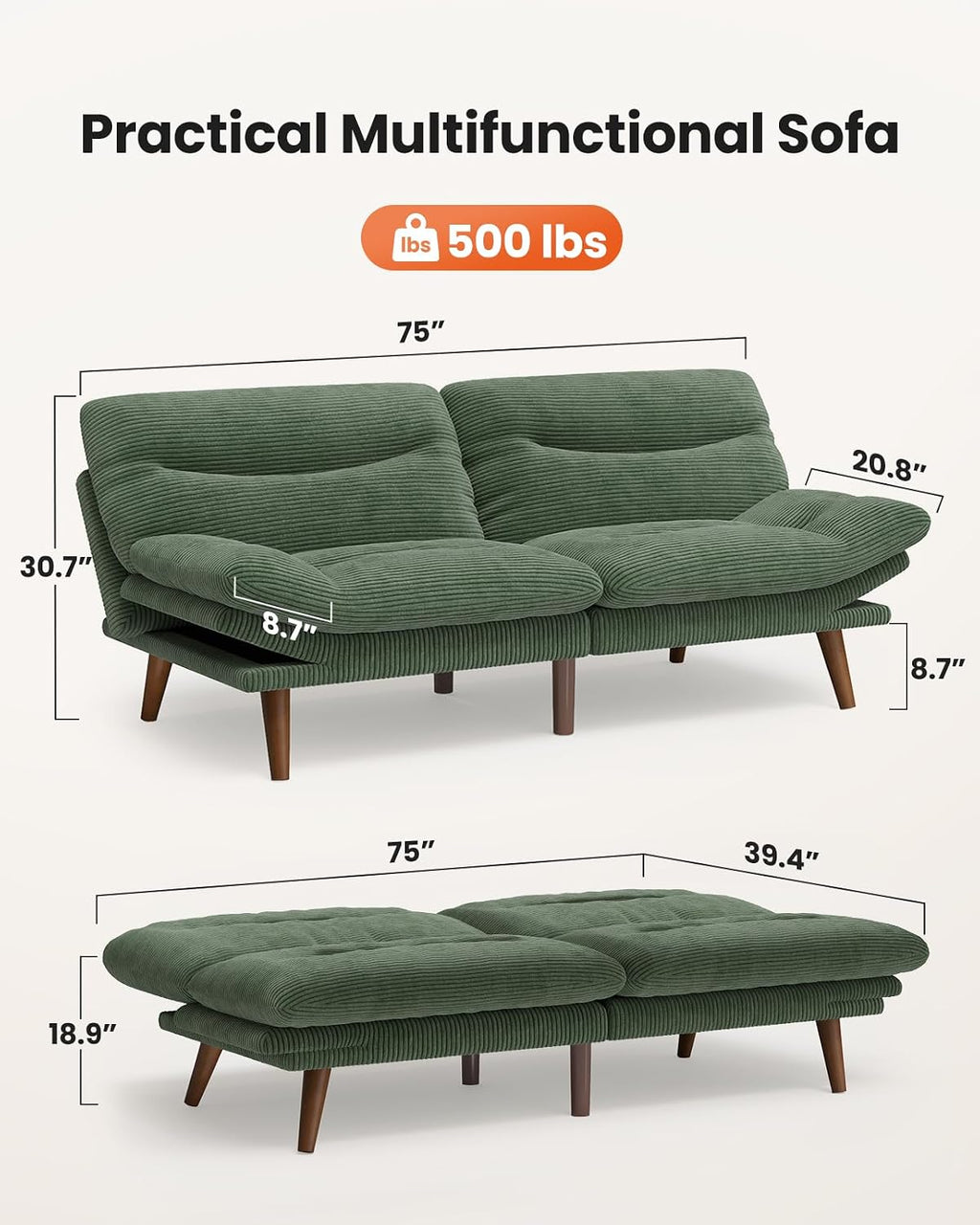 Amada 75" Convertible Futon Sofa Bed, Corduroy Folding Futon Set with Adjustable Backrest &Armrests, Recliner Lounge for Living Room, Apartment or Office, Solid Wood Frame, Loveseat Sofa -Forest Green