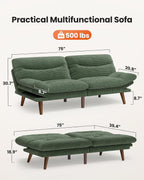Amada 75" Convertible Futon Sofa Bed, Corduroy Folding Futon Set with Adjustable Backrest &Armrests, Recliner Lounge for Living Room, Apartment or Office, Solid Wood Frame, Loveseat Sofa -Forest Green