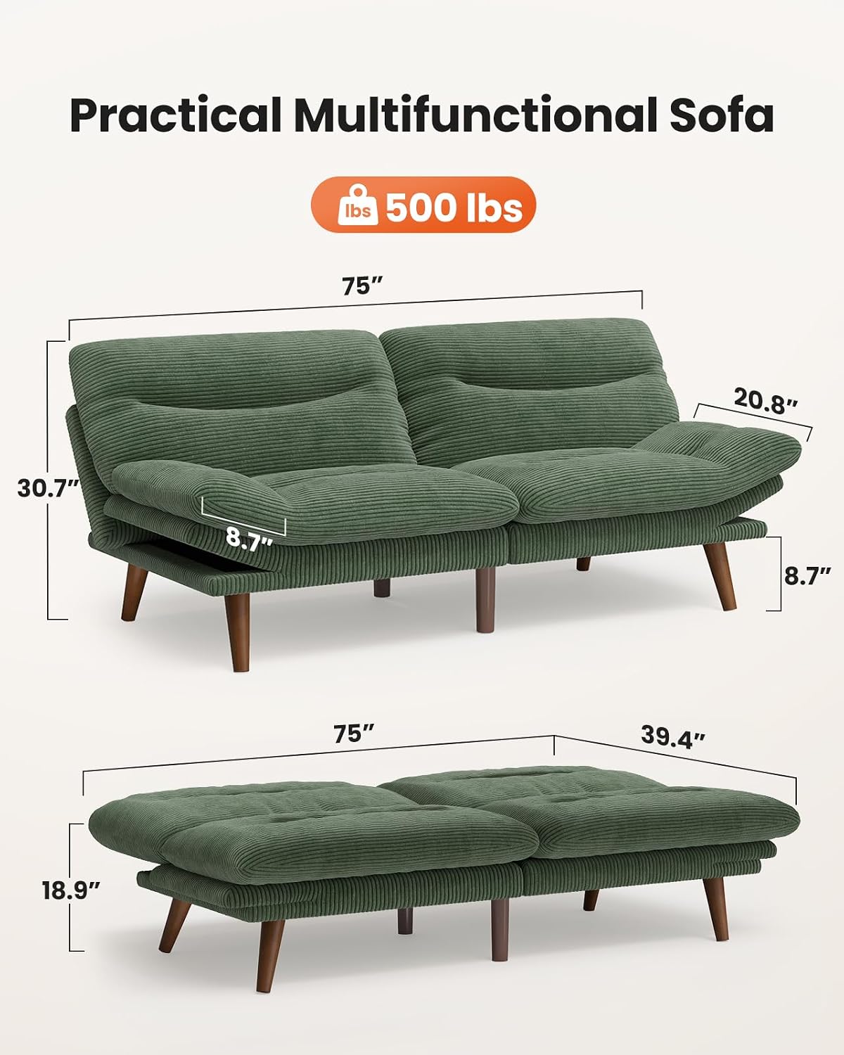 Amada 75" Convertible Futon Sofa Bed, Corduroy Folding Futon Set with Adjustable Backrest &Armrests, Recliner Lounge for Living Room, Apartment or Office, Solid Wood Frame, Loveseat Sofa -Forest Green