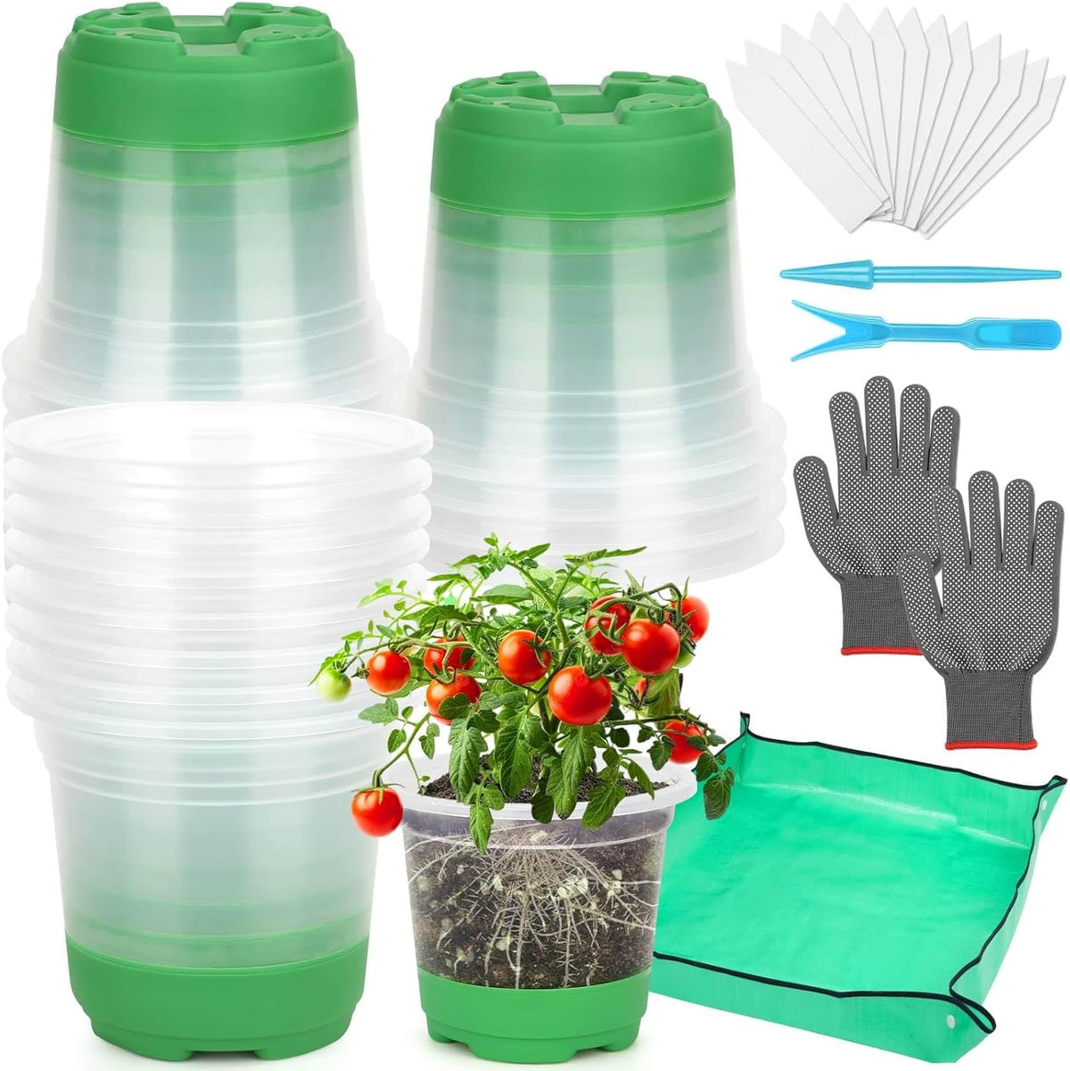 Caffox 45PCS Reusable Seed Starter Kit Includes 20 Packs 5" Clear Nursery Pots with Silicone Base, Repotting Mat, Gardening Gloves, Plant Labels and Seedling Tools for Easy Transplant
