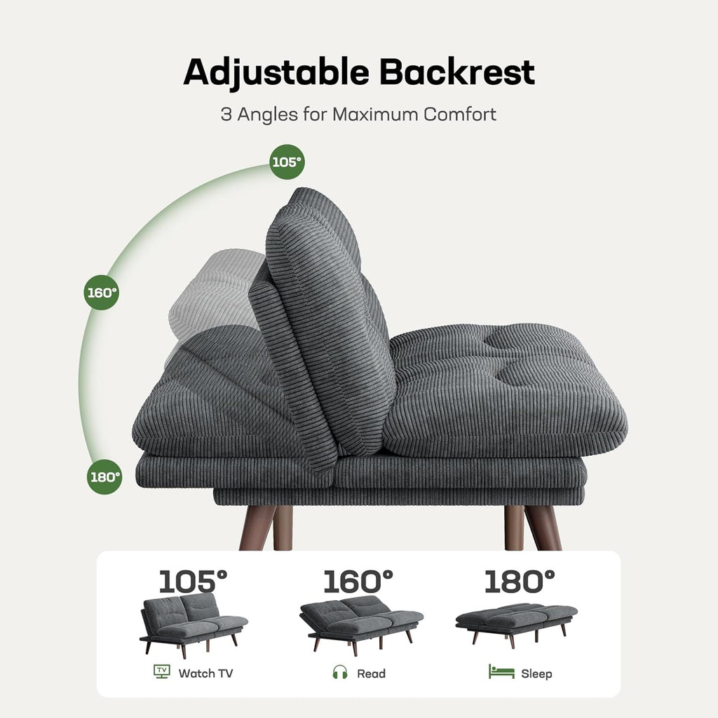 Marsail 66.02" Futon Sofa Bed, Convertible Couch & Sleeper Sofa, Light Grey | Versatile 2-in-1 Futon Sofa Bed with Adjustable Backrest & Armrests, Perfect for Small Apartments & Guest Rooms