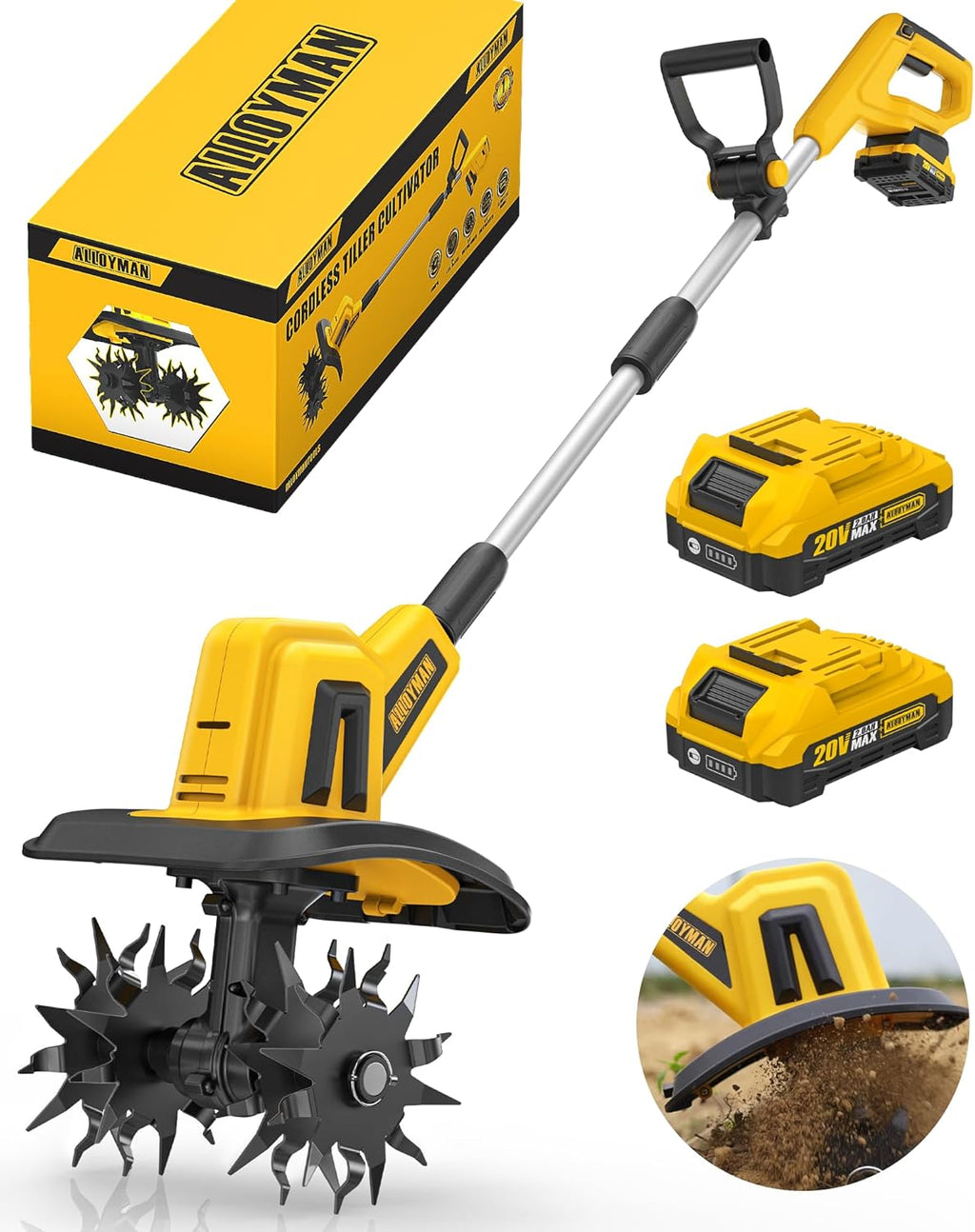 Alloyman 20V Cordless Tiller Cultivator, 360RPM Electric Garden Tiller, with 2 * 2.0Ah Batteries & Charger, 9In Tilling Width and 6.6In Depth Garden Rototiller for Lawn/Gardening/Soil Cultivation