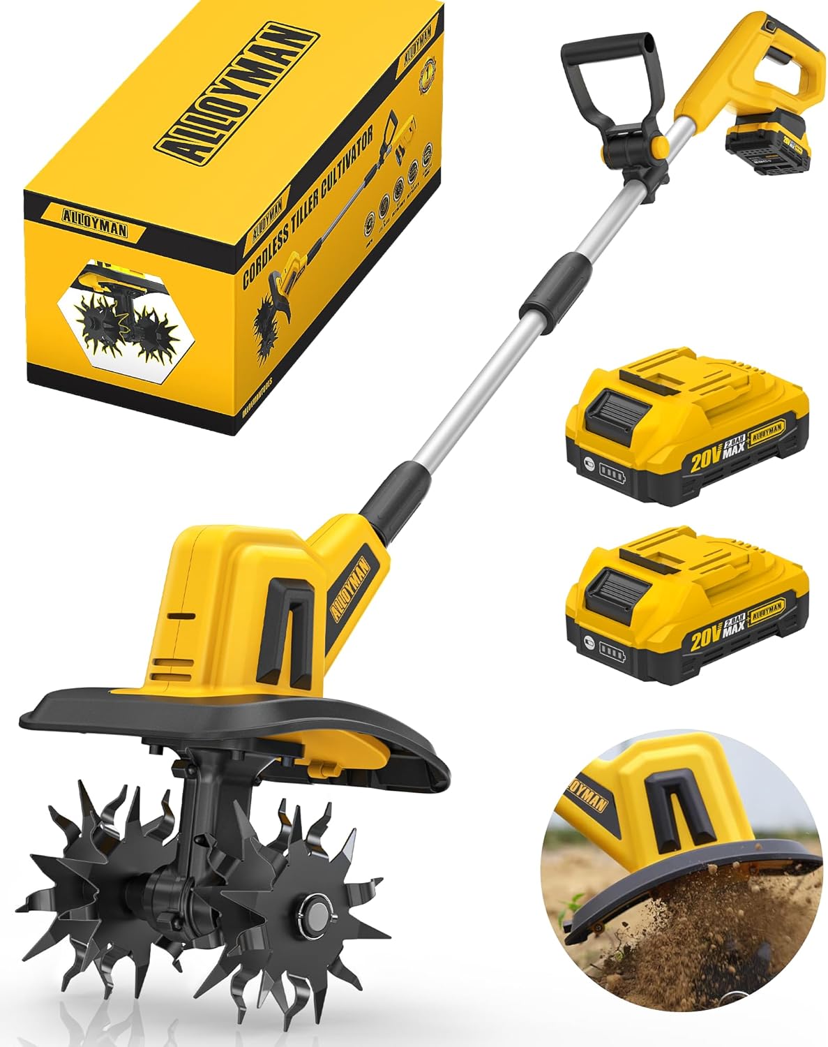 Alloyman 20V Cordless Tiller Cultivator, 360RPM Electric Garden Tiller, with 2 * 2.0Ah Batteries & Charger, 9In Tilling Width and 6.6In Depth Garden Rototiller for Lawn/Gardening/Soil Cultivation