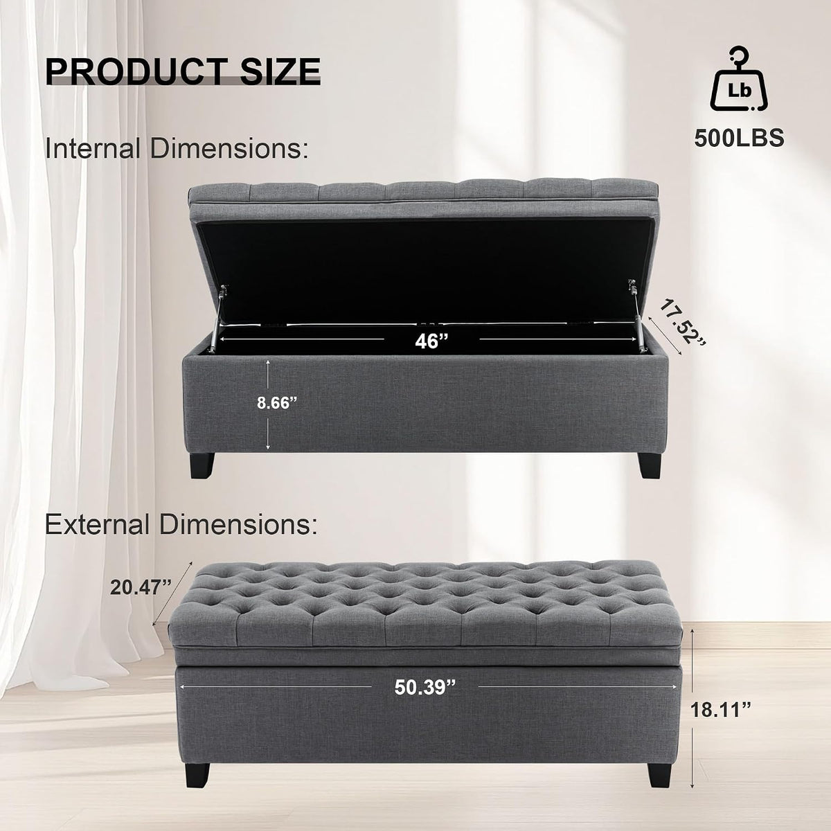 51" Storage Ottoman for Bedroom & Living Room, End of Bed Bench with Black Wooden Legs, Linen Upholstered Tufted Ottoman, Entryway Storage Bench,Dark Grey