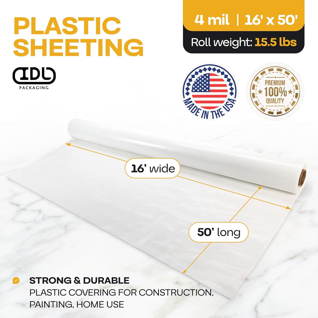 Plastic Sheeting 4 mil, 16' x 50' (800 sq. ft.) - Semi-Clear LDPE Film Roll - Roll of Plastic Sheeting for Painting, Construction, Drop Cloth - Painters Plastic Roll foк Vapor Barrier by IDL Packaging