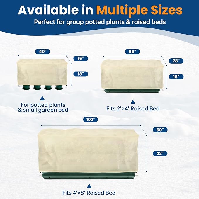 Plant Covers Freeze Protection, 2 Pack Garden Covers for Raised Bed, Frost Cloths for Outdoor Plants, Winter Protection for Vegetables & Flowers (102"×50"×22", Fit 4'×8' Bed)