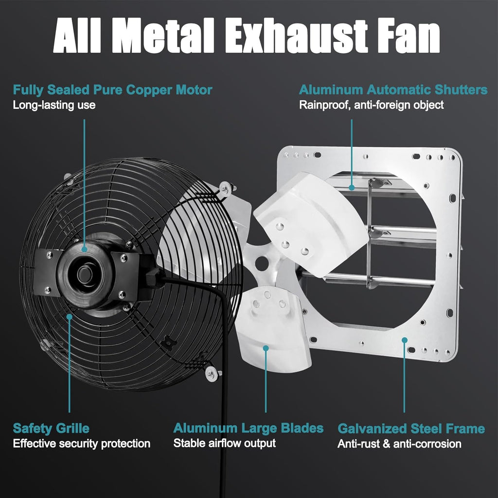 Criditpid 10 Inch Shutter Exhaust Fan 820 CFM, Wall Mounted Exhaust Fan with ON/OFF Power Cord for Greenhouse, Chicken Coop, Attic, Shed, Garage, Warehouses Ventilation, Low Noise louvered Vent Fan.