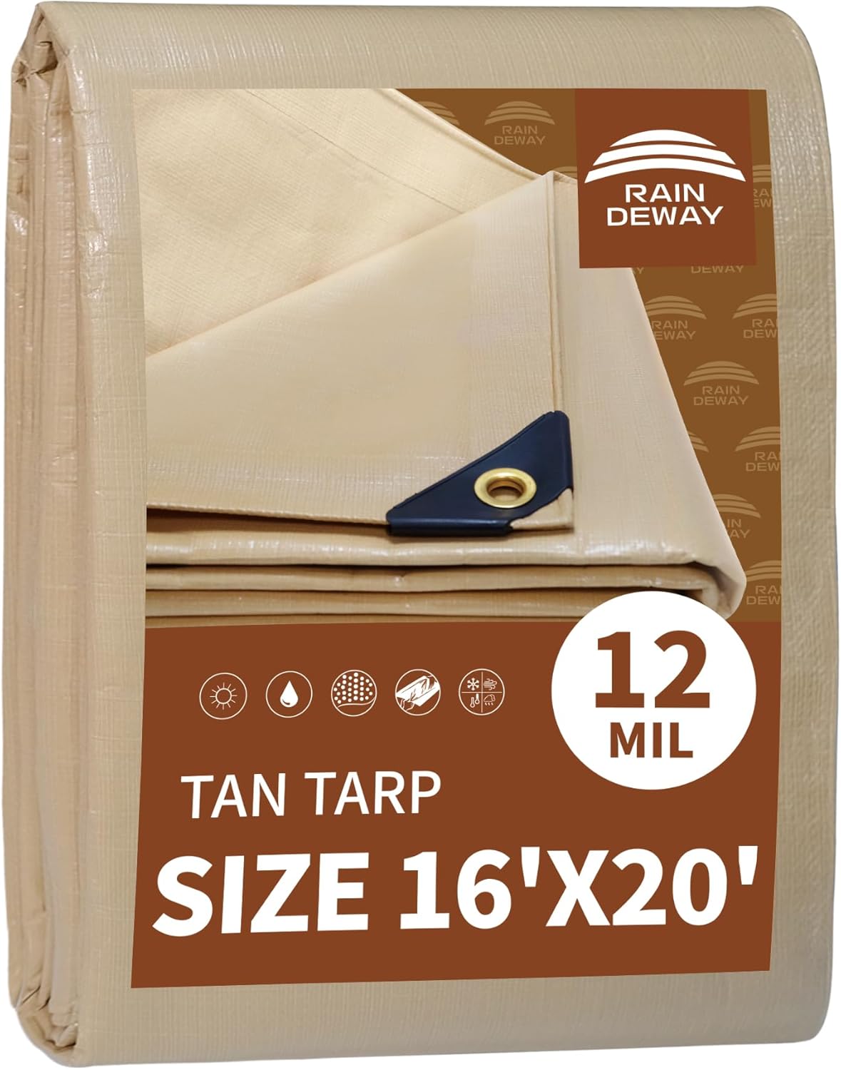 RAINDEWAY 16x20 Feet Heavy Duty Tarp,12 Mil Tan Waterproof Poly Tarp Cover,UV Resistant,Weatherproof,Durable,Multipurpose Tarps with Grommets and Reinforced Edges