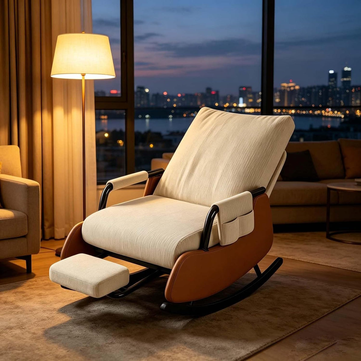 Lightweight Foldable Indoor Rocker Chair with Detachable Foot Stool | Soft Corduroy Padded Leisure Chair for Living Room Balcony Use