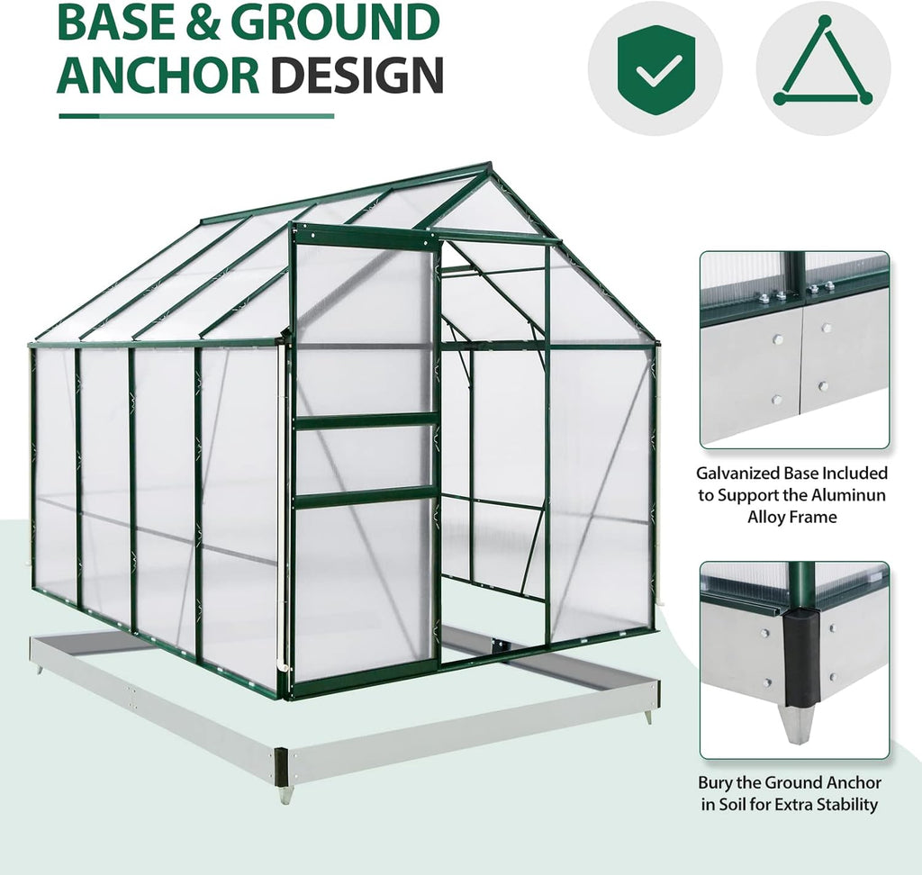 EAGLE PEAK 6x8x7 Outdoor Walk-in Hobby Greenhouse with Adjustable Roof Vent and Rain Gutter, Base and Anchor, Polycarbonate Aluminum Green House for Backyard Garden, Dark Green