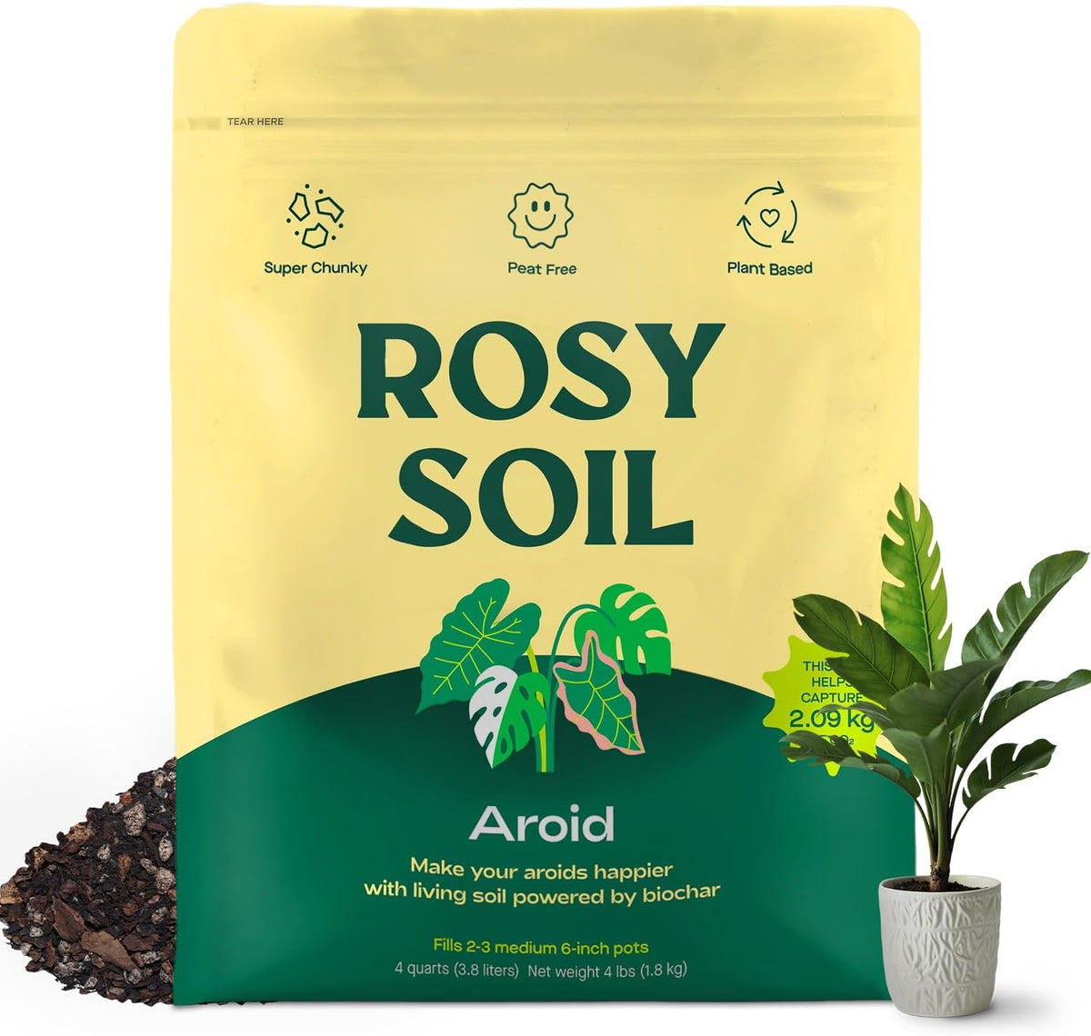 Rosy Soil Aroid Soil Potting Mix - Peat-Free, Microbially Active Biochar Powered Soil for Aroids - Superior Aeration & Drainage for Aroid Plants - Ideal for Indoor Gardening - 4 Quarts