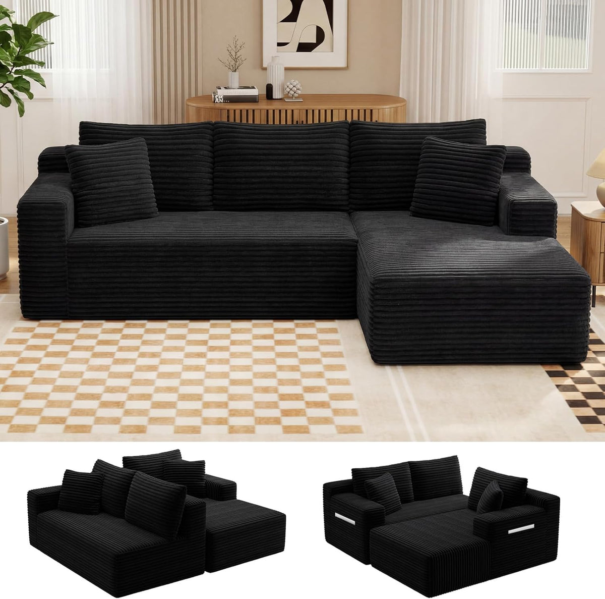 94.5" L-Shaped Cloud Sectional Couch for Living Room, Modern Minimalist Upholstered Sofa,Corduroy Fabric Modular Sectional Sofa with Chaise, No Assembly Required (Black, Right)