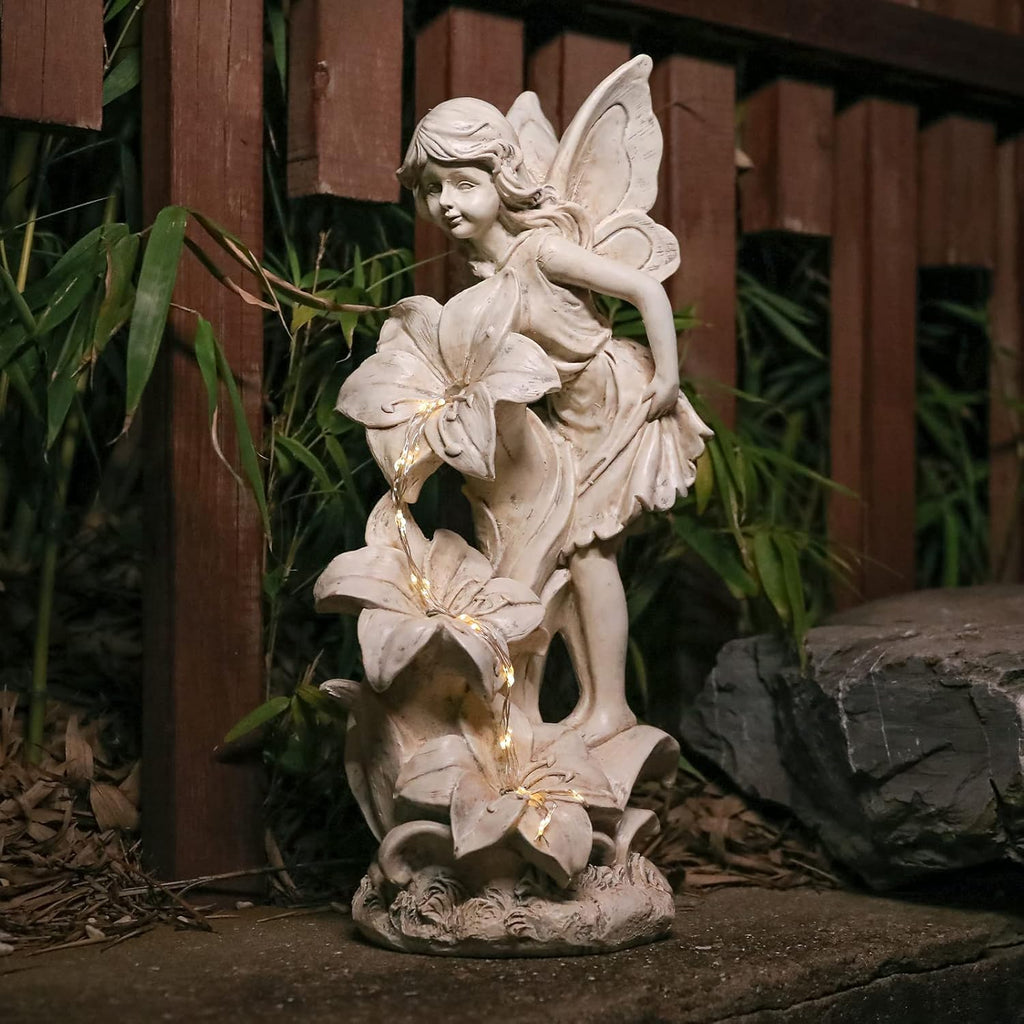 Angel Garden Statue Outdoor, Solar Powered Resin Garden Sculptures Fairy Angel Statues Waterproof LED Lights Yard Art Decorations for Outside Patio Lawn Ornament Gardening Gifts