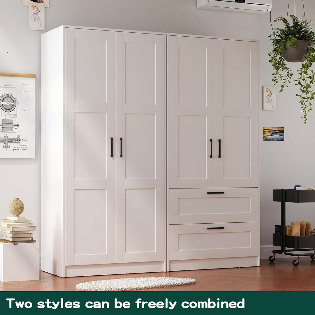 Fddevelop Fenghua Lizhi Wood White Wardrobe Closet with 2 Doors，Bedroom Freestanding Armoire Storage Cabinet with Shelves，Wooden Wardrobe Combination for Hanging Clothes