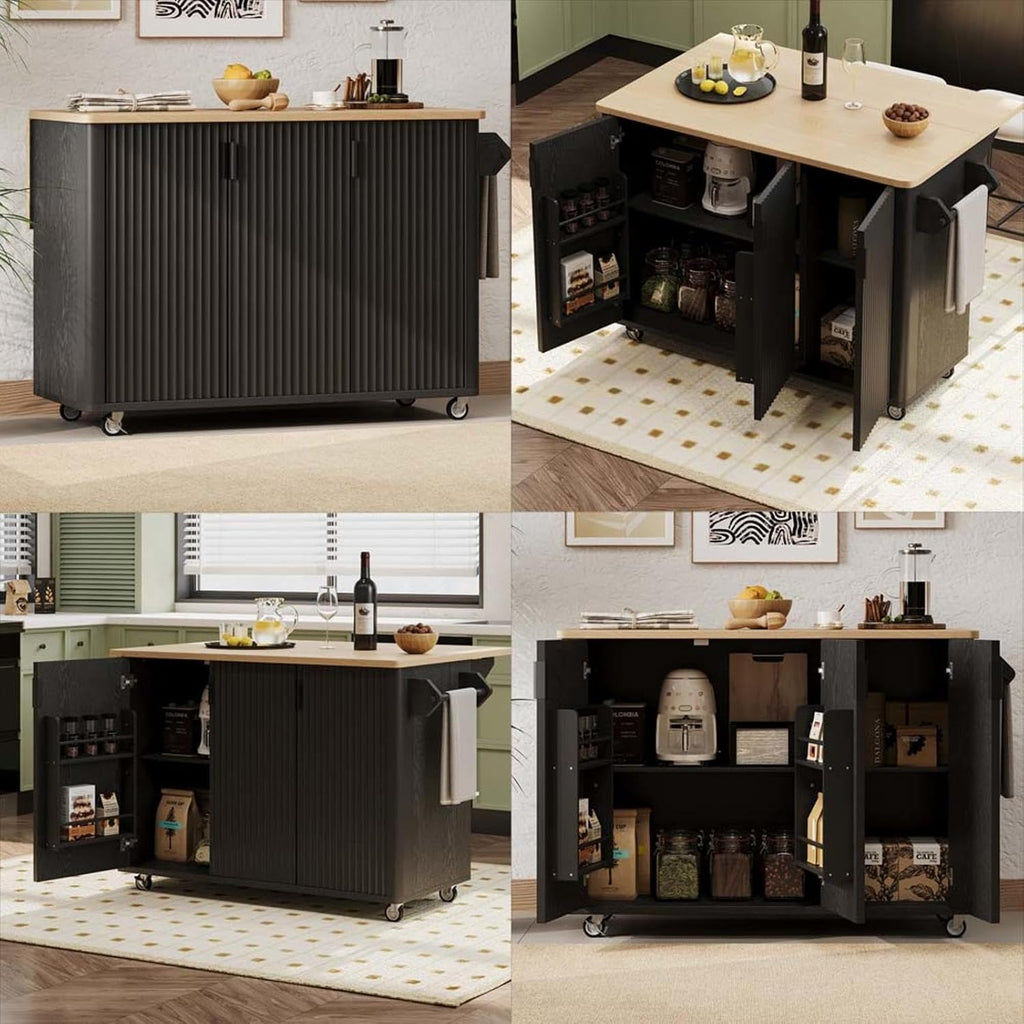 Floating Island Kitchen with Drop Leaf Height-Adjustable Shelves, Island Table for Kitchen with Wheels Towel Rack， for Kitchen, Dining Room, Black